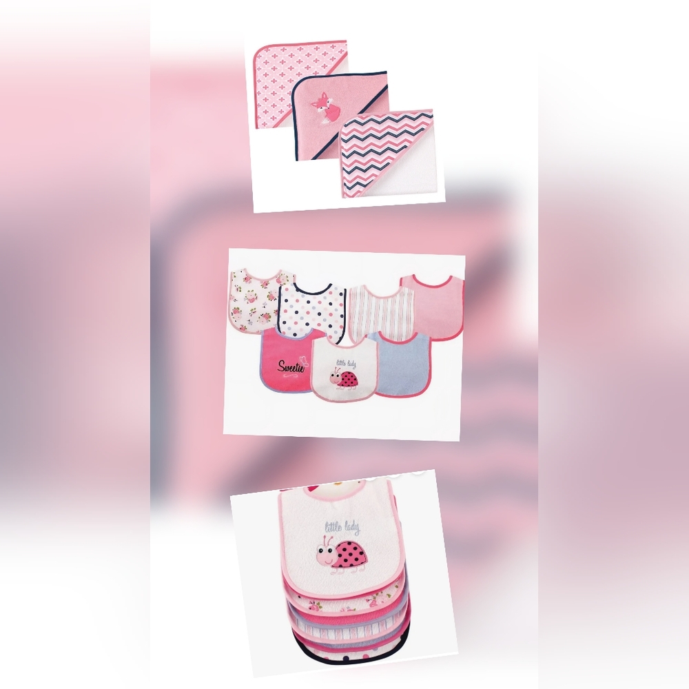 NWT Pink Baby Bibs And Bath Towel Set